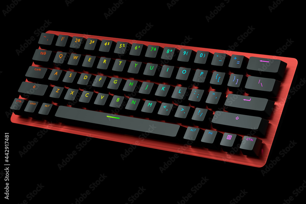 Poster red computer keyboard with rgb colors isolated on black background.