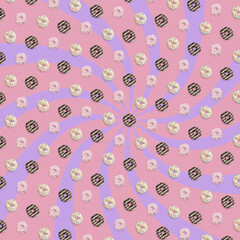 Creative pattern of colorful donuts on pastel pink background. Contemporary art, flat lay design