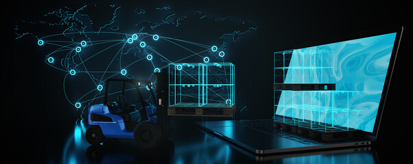 Transport and logistics. Forklift lift and transports digital cardboards into globally networked goods system. Connected world. Digital logistic network distribution. Transport or cargo concept.