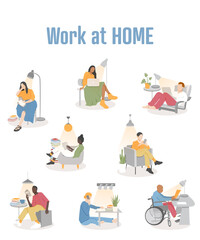 Work at home concept design. Vector illustration set isolated on white background.