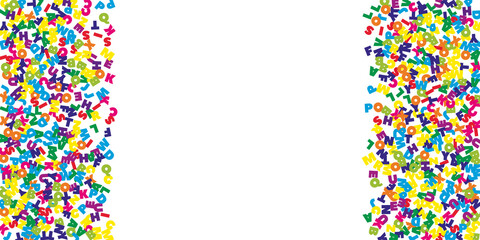 Falling letters of English language. Colorful flying words of Latin alphabet. Foreign languages study concept. Resplendent back to school banner on white background.