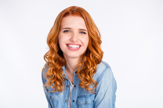 Photo of lovely sweet young woman good mood cheerful face red hair lady free time isolated on grey color background