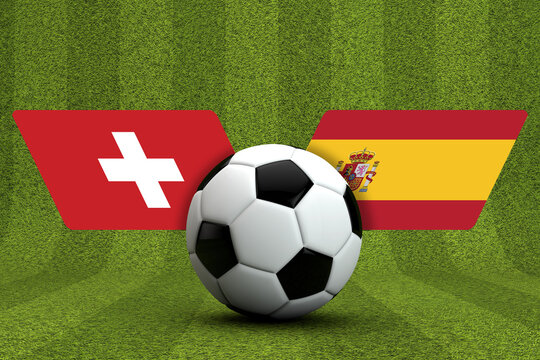 Spain Vs. Switzerland soccer match. flags with football. 3D Rendering