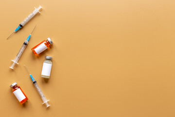 Medical glass vials vaccine and syringe. Vaccination concept