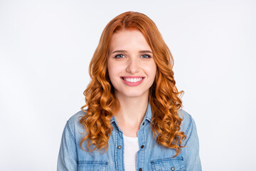 Photo of young cheerful girl happy positive smile wear denim shirt isolated over grey color...