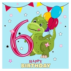 Obraz premium Vintage happy birthday, great design for any purposes. Holiday celebration concept. Happy birthday holiday background. Dinosaur with balloons. Stock Vector Illustration.Flags with stars.6 years old.