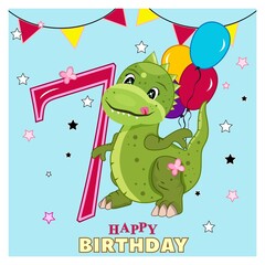 Beautiful poster for decoration design.Greeting card. Dinosaur with balloons on a blue background.Stock Vector Illustration.Happy white day banner.Isolated graphic  template. 7 years old.