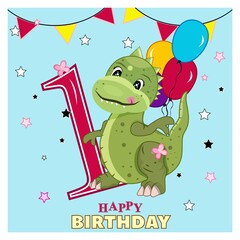 Decoration illustration. Party banner design. Template background. Blue color. Dinosaur with balloons. Happy Birthday. Stock Vector Illustration.Beautiful greeting card.