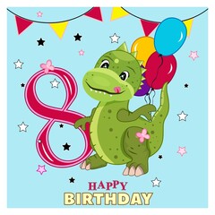 Vintage cartoon blue illustration on blue backdrop. Happy white day banner .Vector. Greeting card. Poster. Festive banner design. Dinosaur with balloons. 8 years old.
