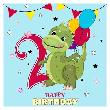 Birthday card.Dinosaur with balloons on a blue background. Stock Vector Illustration.Festive card with tinsel, candies, butterflies and stars.Poster design. 2 years old.