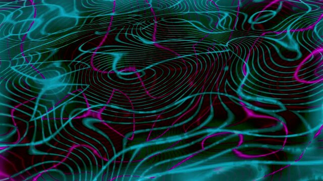 Abstract waving fluid dark substance with colorful neon light flares, seamless loop. Motion. Disco dance of light beams in liquid substance.