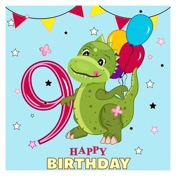 Dinosaur with balloons.Greeting background with stars and butterflies. Stock Vector Illustration. Festive banner design.White day. 9 years old.Beautiful poster for decoration design.