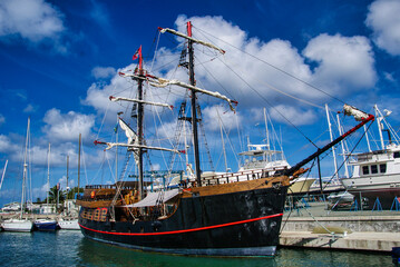 Pirate ship anchored at the Rodney bay, Saint Lucia, Caribbean sea, Windward Islands