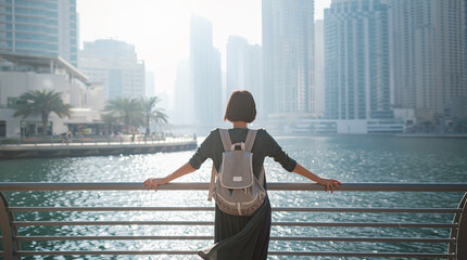 Happy young female traveler in the big city of Dubai, UAE