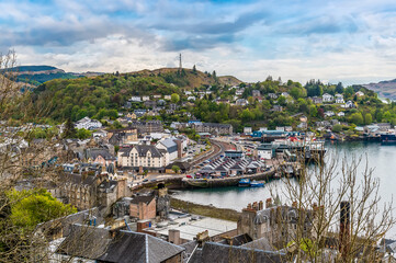Fototapeta na wymiar A view over the port of Oban, Scotland from Oban Bay on a summers day
