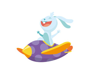 Cute baby animal rabbit on airplane. Funny and happy pilot flying on plane. Cartoon vector character fly on retro transport