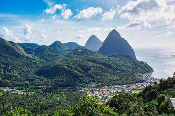 View of the Pitons in the Caribbean Sea at Soufriere, St. Lucia, Lesser Antilles