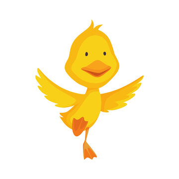 Cute chick. Baby cartoon yellow vector duck. Bird child character in funny facial expression, pose and gesture for graphic design