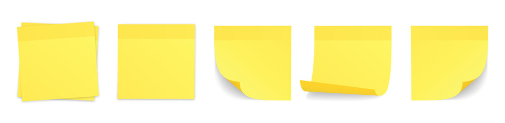 Realistic yellow stick note set. Isolated post-it notes collection with curled corners and shadows. Vector illustration on white background.