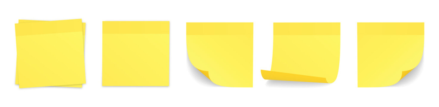 Realistic yellow stick note set. Isolated post-it notes collection with curled corners and shadows. Vector illustration on white background.