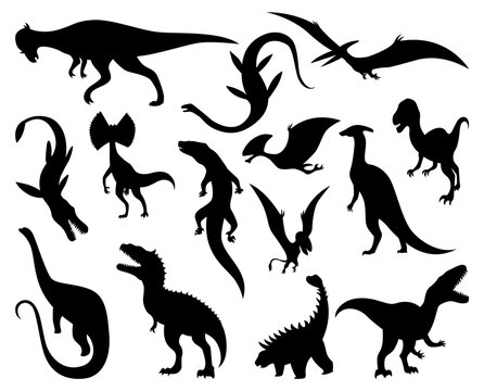 Dinosaurs silhouettes set. Dino monsters icons. Prehistoric reptile monsters. Vector illustration isolated on white. Sketch set