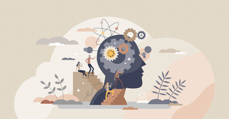 Mind process and cognitive information in human head tiny person concept. Intelligence and knowledge development with brain performance vector illustration. Gears and technical wheels as thoughts.