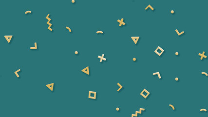 3d render illustration of geometric shapes. A pattern of abstract game, geometric shapes. The figure of pluses, balls, squares, triangles, arrows. Green background.