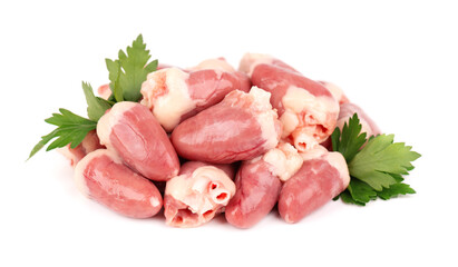 Chicken hearts raw isolated on white background. Fresh chicken broiler hearts with parsley leaves. Close up.
