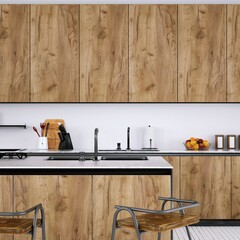 Contemporary Kitchen with Medium Toned Wooden Cabinets, White Planks Floor and Quartz Counter-tops.