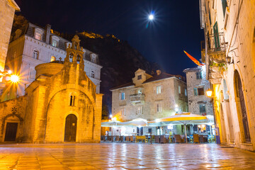 View of the Church of St. Luke in the Old Town of Kotor at night. Montenegro 