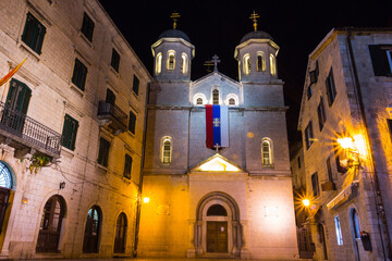 Fototapeta na wymiar View of the Church of St. Nicholas in the Old Town of Kotor at night. Montenegro 