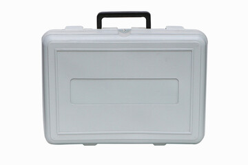 Empty gray plastic box for construction tools or other equipment. Isolated on white background.