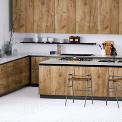 Contemporary Kitchen with Medium Toned Wooden Cabinets, White Planks Floor and Quartz Counter-tops.