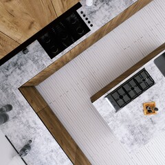 Contemporary Kitchen with Medium Toned Wooden Cabinets, White Planks Floor and Quartz Counter-tops.