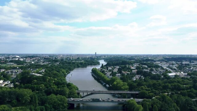 An aerial view of Nantes from Erdre river