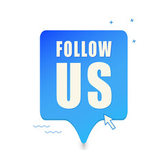 Button. Follow us. Blue button with arrow and memphis style elements. Vector illustration.