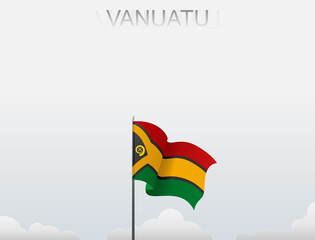 Vanuatu flag flutters on a pole standing tall under a white sky