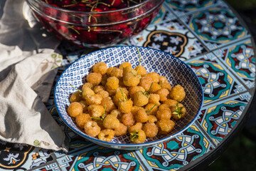 Plate with yellow raspberries and glass bowl with cherries in water on garden table.