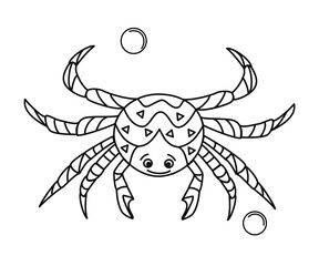 Crab - cute cartoon character, line drawing, coloring book for kids. Sea crab with eyes, ornament. Sea food, design element, clipart. Vector illustration isolated on white background. Sketch, doodle