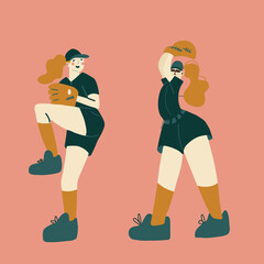 Baseball softball girls players in different poses characters. Young cheerful sports woman playing baseball. Flat design style minimal vector illustration