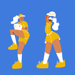 Baseball softball girls players in different poses characters. Young cheerful sports woman playing baseball. Flat design style minimal vector illustration