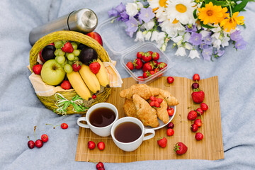 picnic with fruit and tea on a blanket in the garden