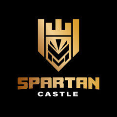 Castle or Fortress With Knight Head Logo Design Template.On gold color. Suitable for security, building, tower, guard, shield, business logo