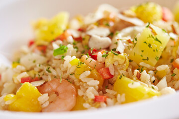 Vegetable seafood fried rice on plate 