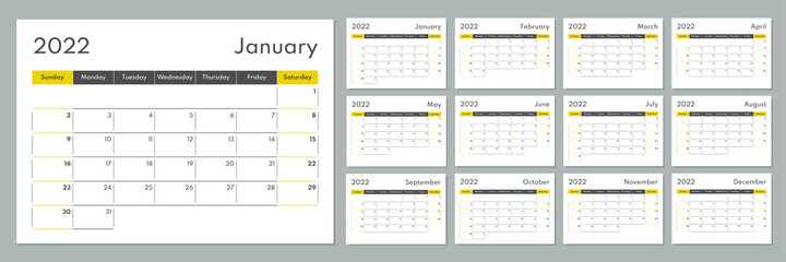 2022 calendar template. Corporate and busines planner diary. Week starts on Sunday. Set of 12 months 2022 pages. - obrazy, fototapety, plakaty