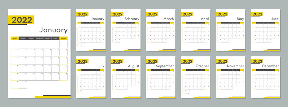 2022 Calendar Template. Corporate And Busines Planner Diary. Week Starts On Sunday. Set Of 12 Months 2022 Pages.