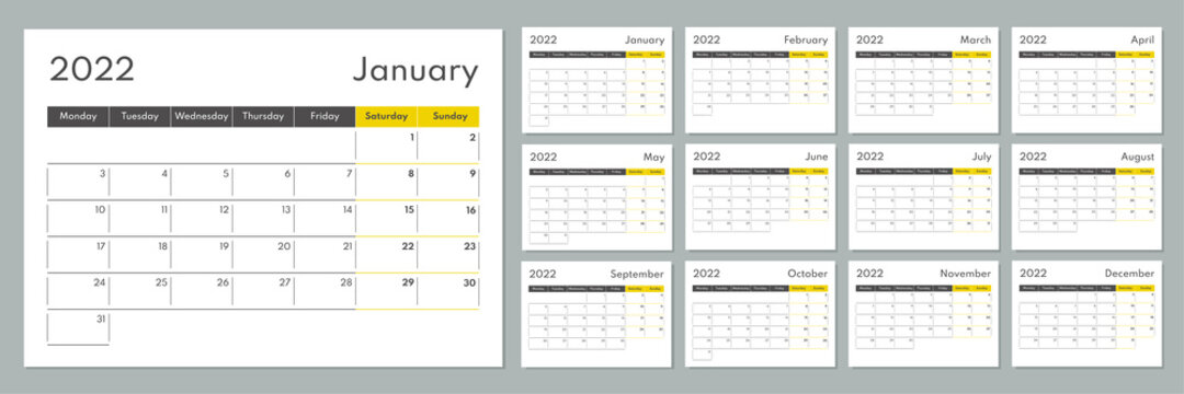 2022 calendar template. Corporate and busines planner diary. Week starts on Monday. Set of 12 months 2022 pages.