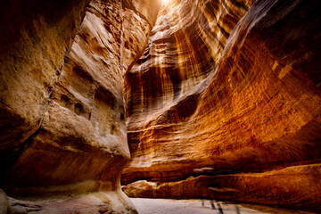 Abstract picture of rocky walls in The Siq, entrance in Petra, Jordan
