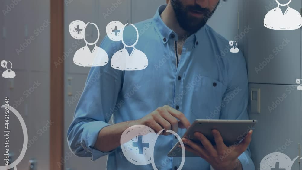Poster multiple profile icons floating against portrait of caucasian man using digital tablet