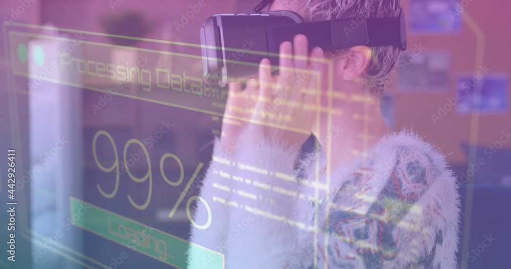 Poster animation of data processing on screen over woman using vr headset